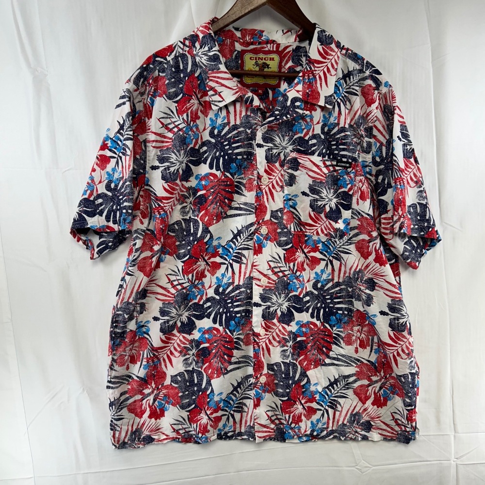 Cinch Button Up Shirt Mens XL White Red Blue Tropical Floral MTW1401031
